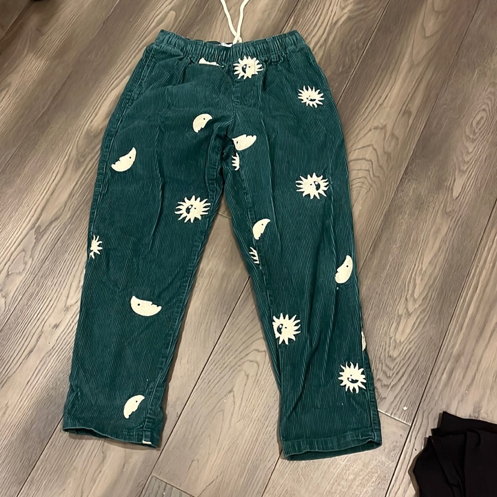 OU green embroidered corduroy pants